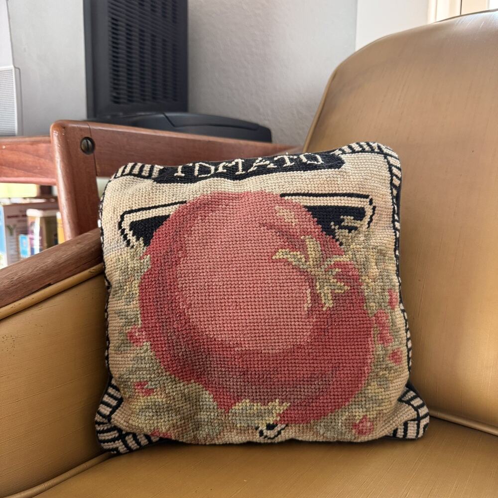 Vtg Needlepoint Pillow Tomato Design Velvet Backing